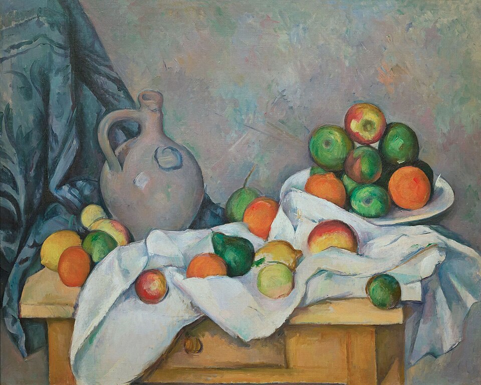 Stillleben mit Vorhang, Krug und Obstschale - Paul Cézanne