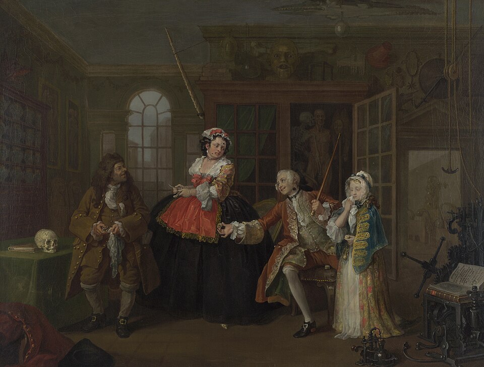 Pintura de ciclo Mariage à la Mode ", escena: visita con el curandero" - William Hogarth