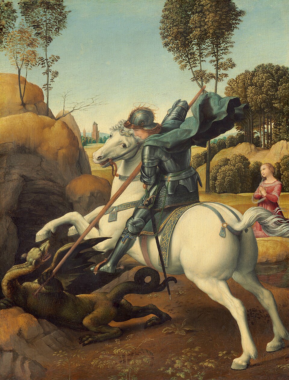 Hl. Georg (in Rüstung mit Waffenrock und Lanze) kämpft mit dem Drachen - Raffael