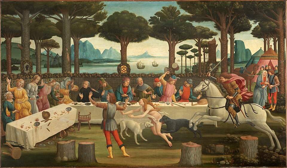 Serie von vier Gemälden zu Boccaccio's »Decameron«, »Gastmahl des Nastagio degli Onesti«, Szene: Dritte Episode - Sandro Botticelli