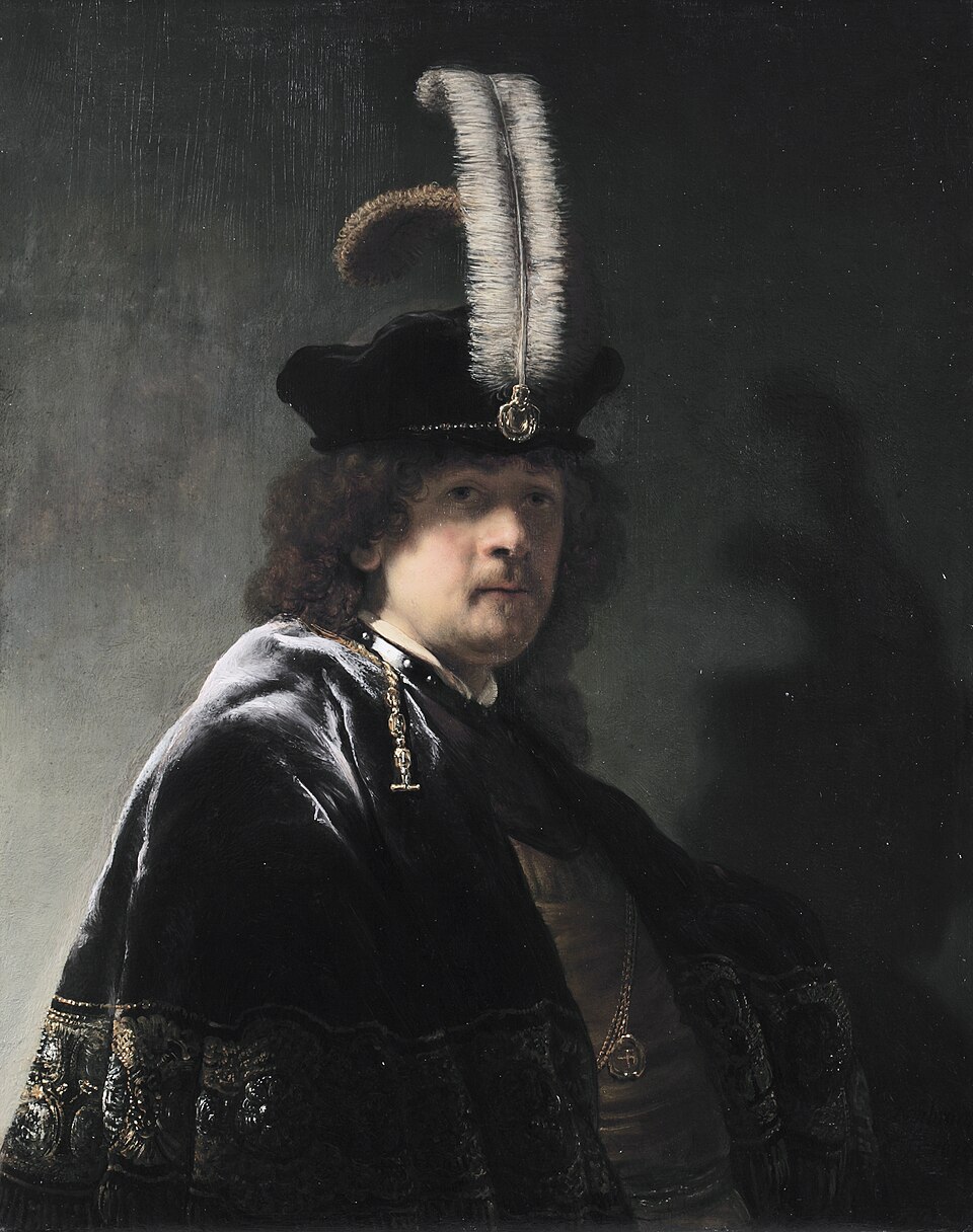 Self-portrait wearing a white feathered bonnet - Rembrandt van Rijn