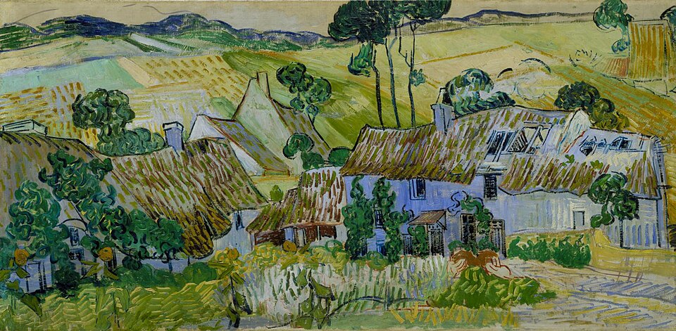 Strohgedeckte Häuser vor einem Hügel - Vincent van Gogh